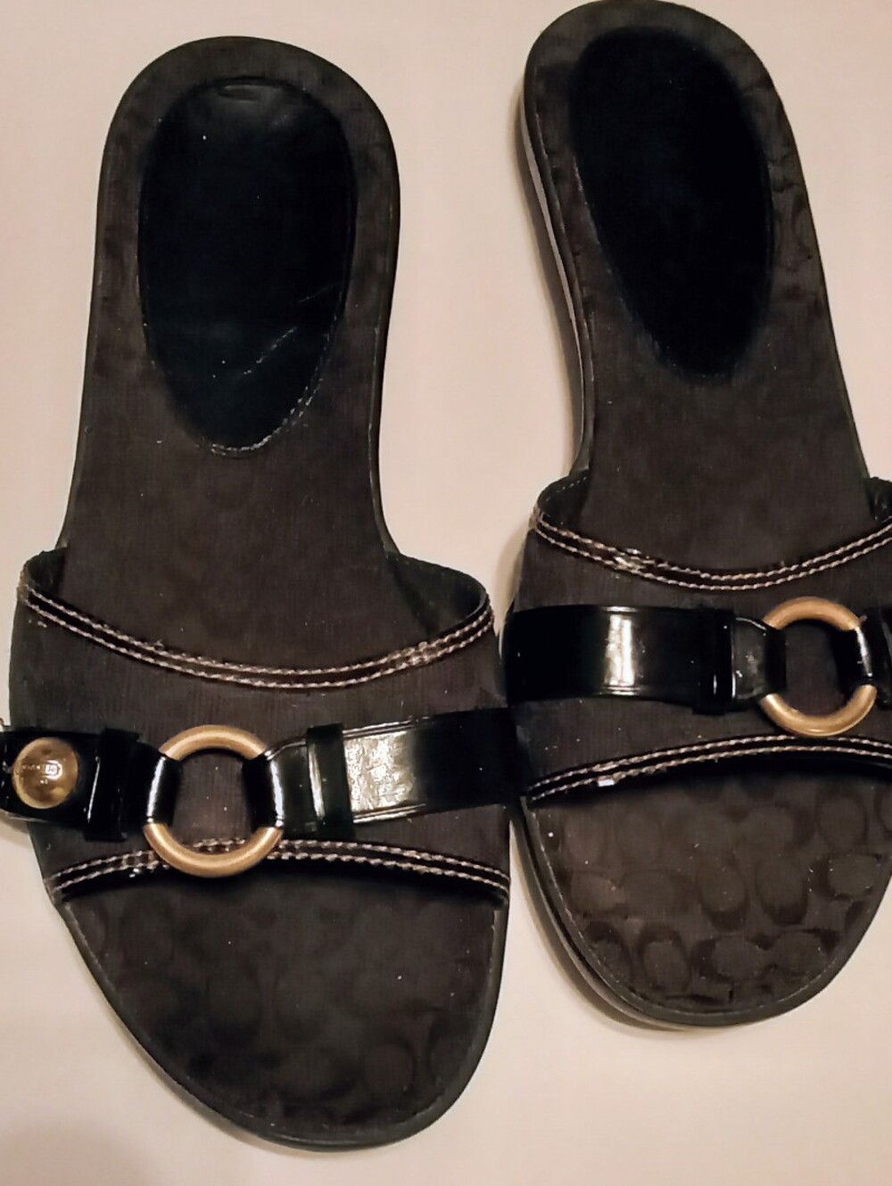 Coach Black Slide Sandals with Gold Ring Detail